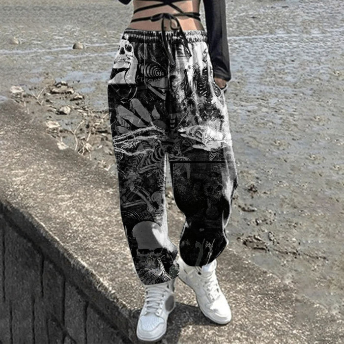Women's Sweatpants Skull Head Print Halloween Drawstring Casual Pants