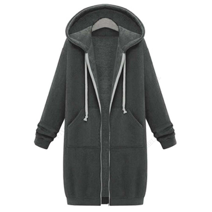 Women Long Casual Zip Up Outerwears Hooded Coat