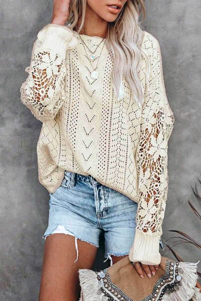 Women Long Sleeve Crochet Hollow Out Lightweight Knit Pullover Sweater