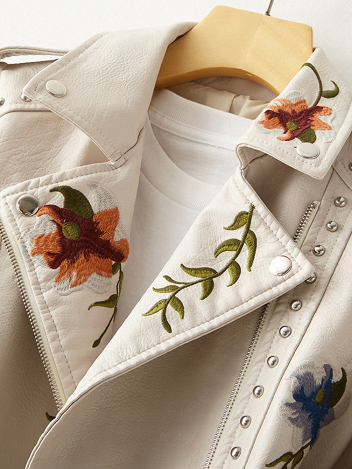 Women Retro Floral Print Embroidery Faux Soft Leather Jacket