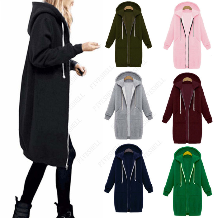 Women Long Casual Zip Up Outerwears Hooded Coat