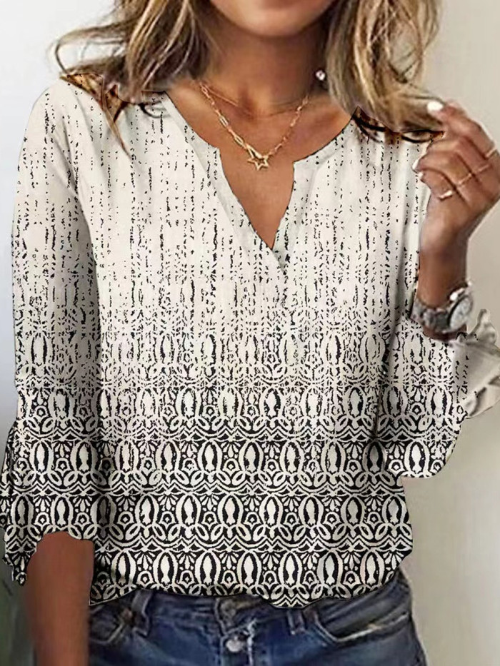 Elegant Fashion Casual Loose Long Sleeve Shirt Temperament Printed Blouse Top