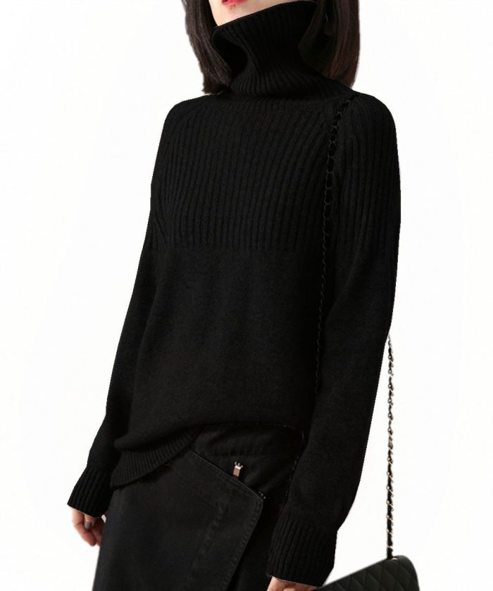 Women Turtleneck Pullovers Solid Striped Knit Loose Sweater