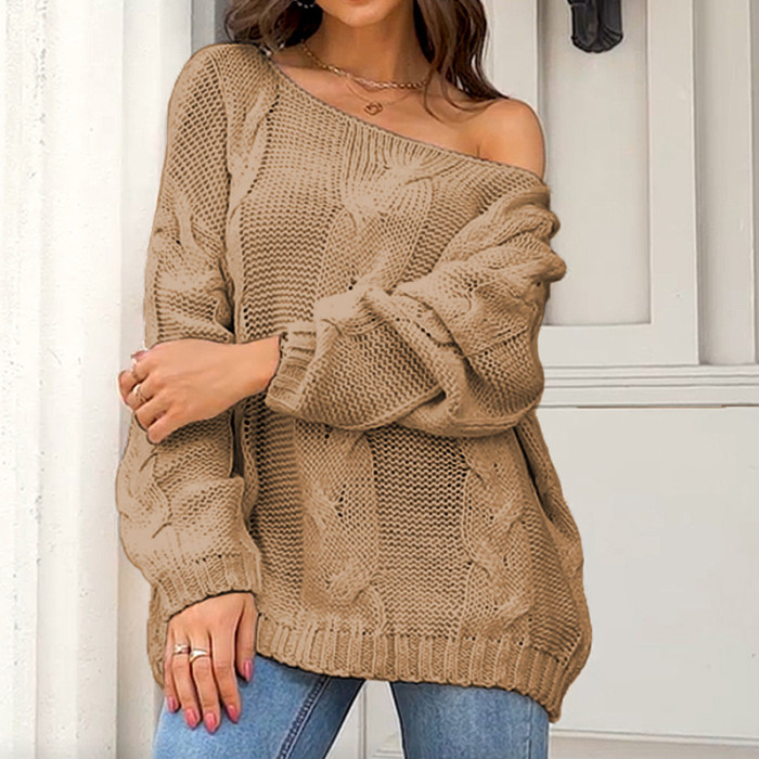 Women Elegant Vintage Knit Pullover Fashion Sexy Long Sleeve Loose Solid Sweater
