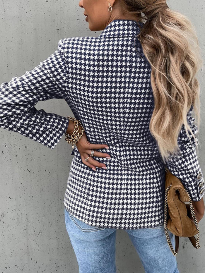 Women Print Casual Plaid Blazer Coat