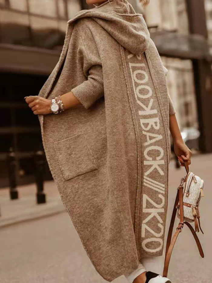 Women Loose Long Sleeve Casual Hooded Elegant Letter Print Knit Cardigan Coats