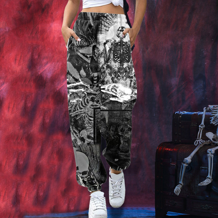 Women's Sweatpants Skull Head Print Halloween Drawstring Casual Pants