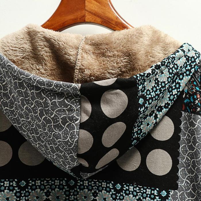 Women's Cotton Linen Print Hooded Warm Plush Coat