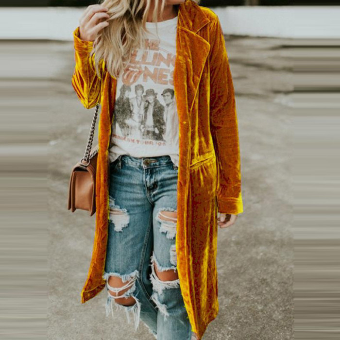 Fashion Women Casual Solid Color Golden Elegant Velvet Coat