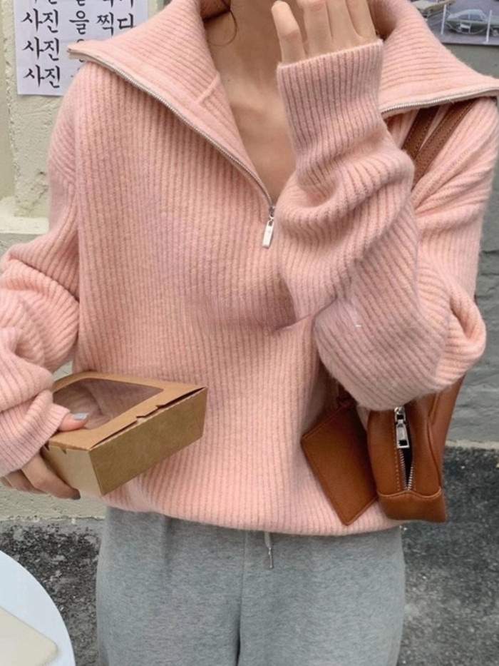 Women's Long Sleeve Loose Knitted Zipper Solid Pullover Sweater
