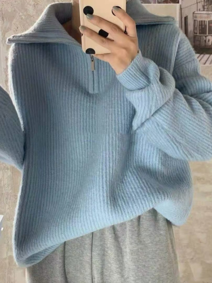Women's Long Sleeve Loose Knitted Zipper Solid Pullover Sweater