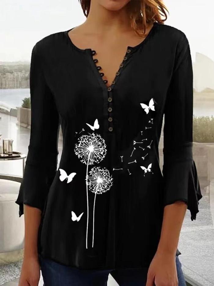 Women's Fashion Temperament Shirt Street Loose Print Button  T-Shirt Top