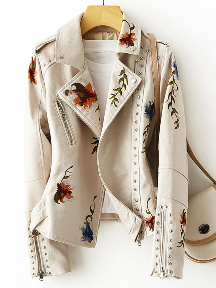 Women Retro Floral Print Embroidery Faux Soft Leather Jacket