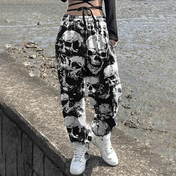 Women's Sweatpants Skull Head Print Halloween Drawstring Casual Pants