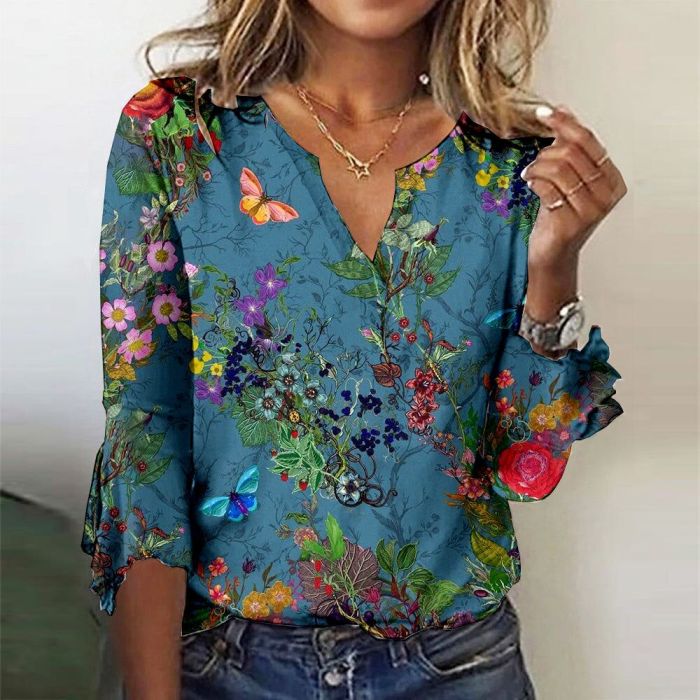 Elegant Fashion Casual Loose Long Sleeve Shirt Temperament Printed Blouse Top