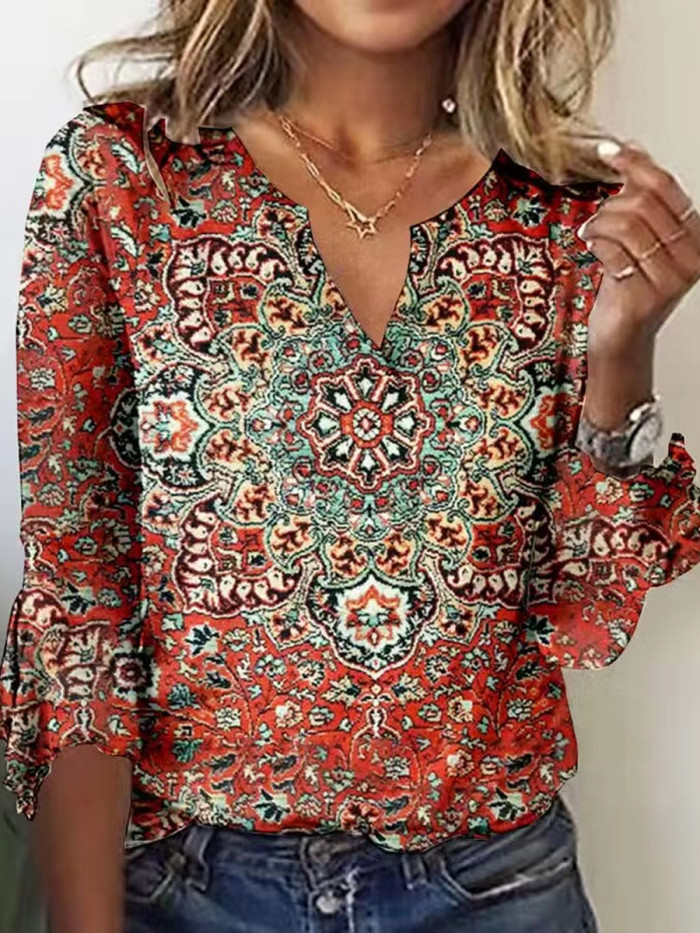 Elegant Fashion Casual Loose Long Sleeve Shirt Temperament Printed Blouse Top