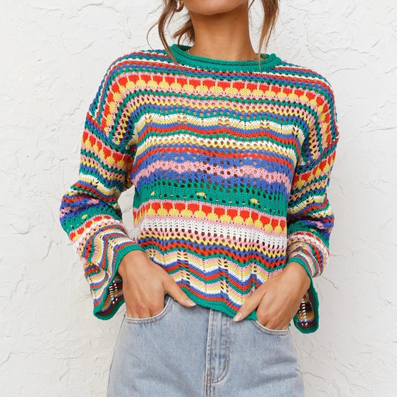 Women Round Neck Loose Bohemian Long Sleeve Knit Pullover Sweaters