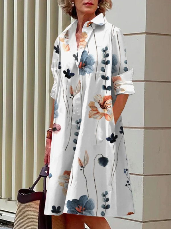 Women Print V-Neck Long Sleeve Simple Casual Dress