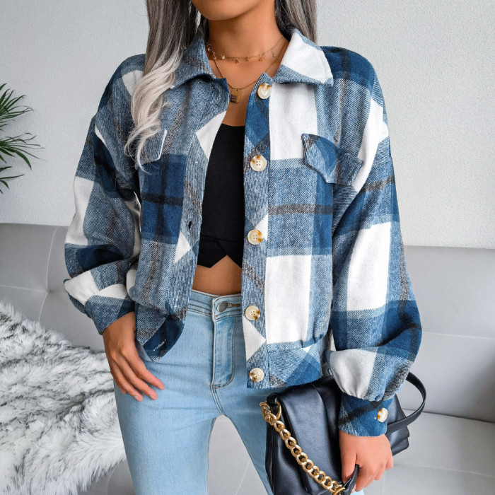 Women Plaid Turn-down Collar Casual Fashion Jacket