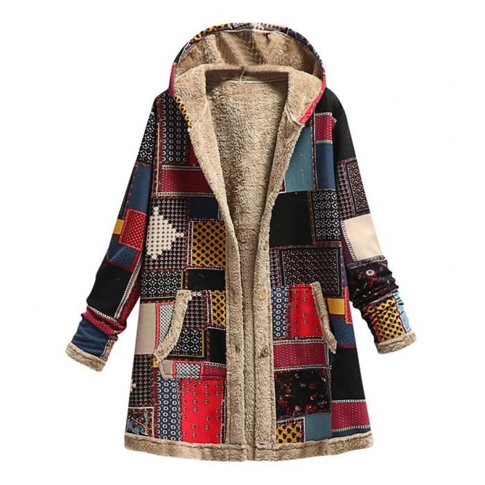 Women's Cotton Linen Print Hooded Warm Plush Coat