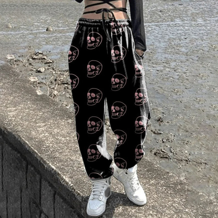 Women's Sweatpants Skull Head Print Halloween Drawstring Casual Pants