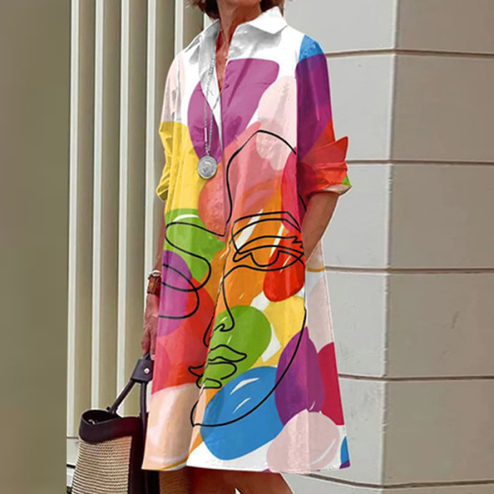 Women Print V-Neck Long Sleeve Simple Casual Dress