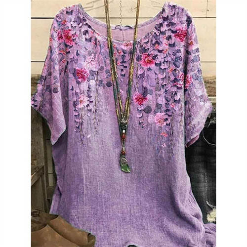 Plus Size Elegant T-shirt Women's Plus Casual Floral Print Round Neck Half Sleeve Tee