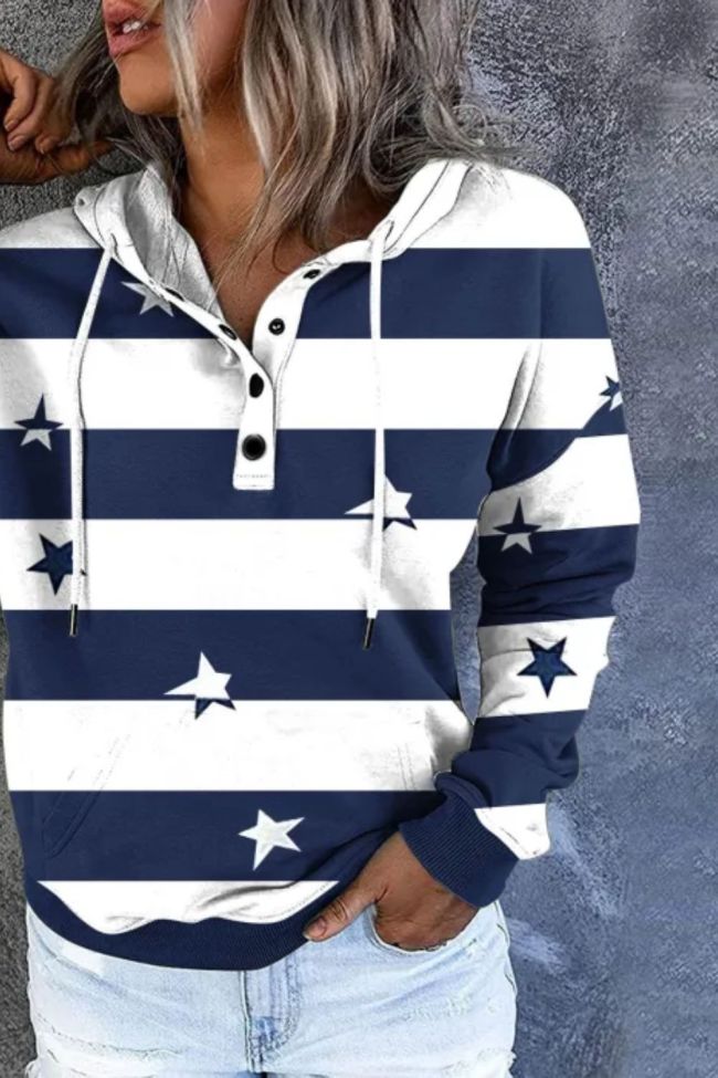 Women Stripe Long Sleeve Drawstring Sweatshirts Hoodies