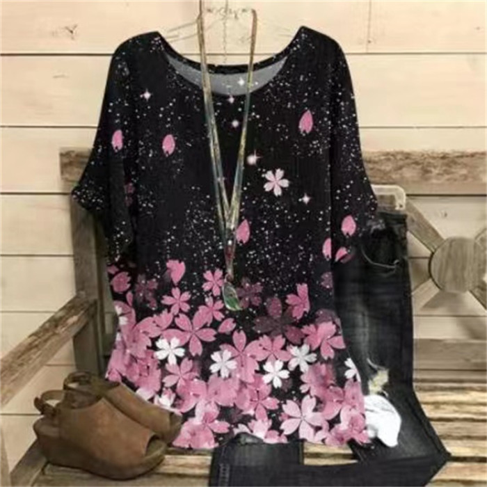 Plus Size Elegant T-shirt Women's Plus Casual Floral Print Round Neck Half Sleeve Tee