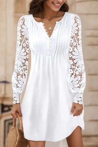 Women Elegant Hollow Out Lace V-Neck Long Sleeve Casual Dress