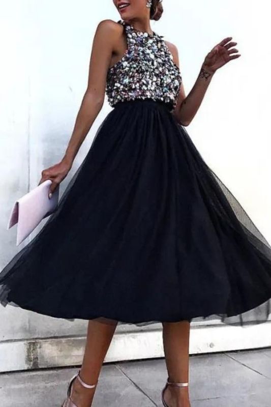 Women Sexy Sleeveless Halter Sequin Wedding Guest Dresses