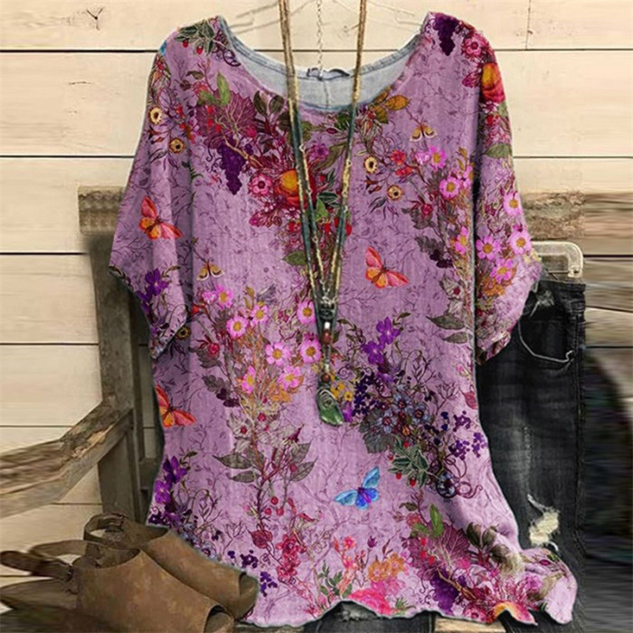 Plus Size Elegant T-shirt Women's Plus Casual Floral Print Round Neck Half Sleeve Tee