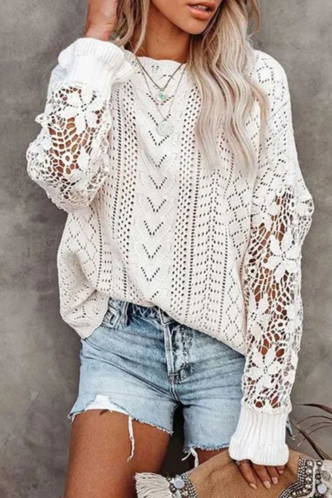 Women Long Sleeve Crochet Hollow Out Lightweight Knit Pullover Sweater