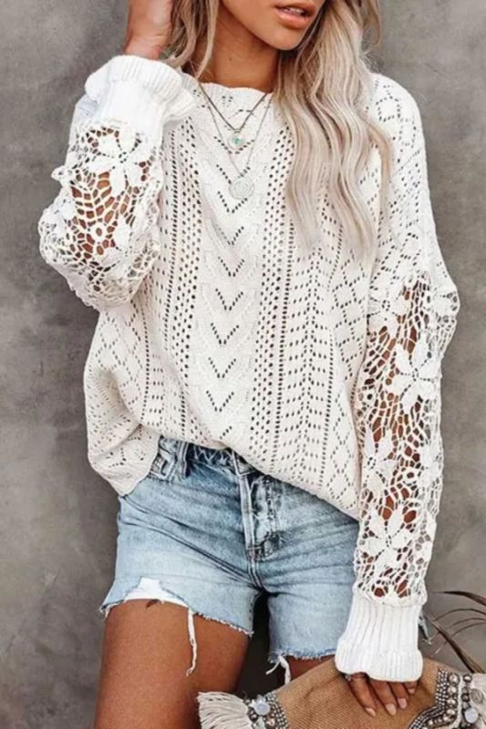 Women Long Sleeve Crochet Hollow Out Lightweight Knit Pullover Sweater