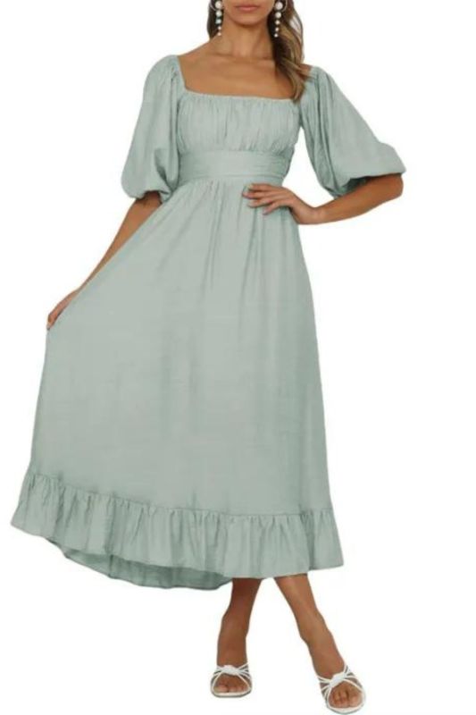 Ruffles Hem Solid Color Lantern Sleeve Square Collar High Waist Wedding Guest Dresses