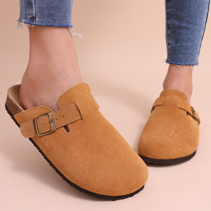 Women's Adjustable Buckle Strap Flat Mules, Retro Closed Toe Anti-skid Cork Clogs, Casual Slides Shoes