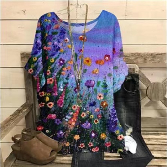 Plus Size Elegant T-shirt Women's Plus Casual Floral Print Round Neck Half Sleeve Tee