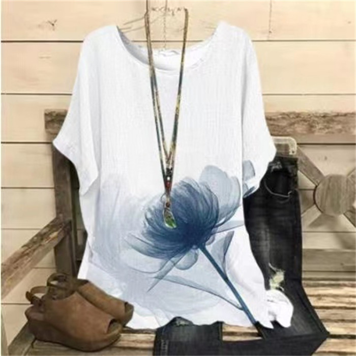 Plus Size Elegant T-shirt Women's Plus Casual Floral Print Round Neck Half Sleeve Tee