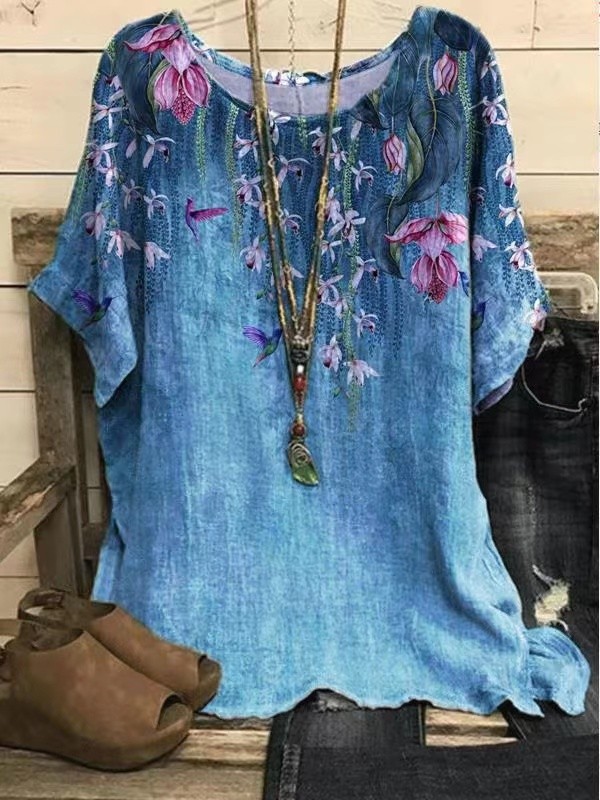 Plus Size Elegant T-shirt Women's Plus Casual Floral Print Round Neck Half Sleeve Tee