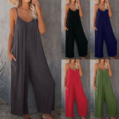 Plus Size Basic Jumpsuit Women's Plus Solid V Neck Wide Leg Summer Cami Jumpsuit