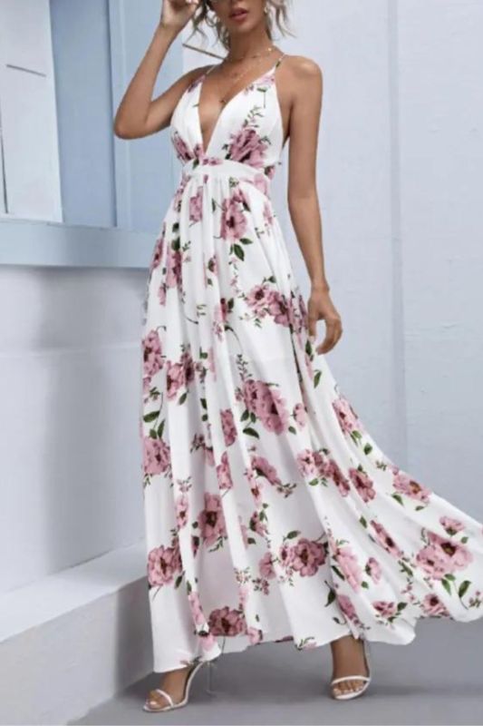 Women's Chiffon Loose Print Sling Sexy  Wedding Guest Dress