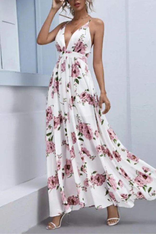 Women's Chiffon Loose Print Sling Sexy Wedding Guest Dress