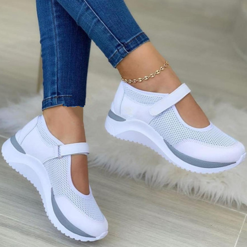 Women's Wedge Mesh Hollow Out Casual Shoes, Solid Color Hook And Loop Shoes, Breathable Walking Shoes