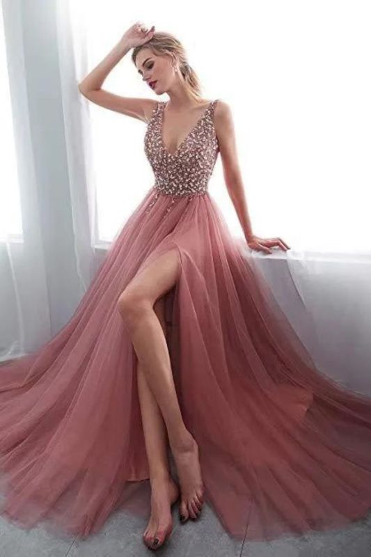 Sexy Evening Party Sleeveless V Neck Wedding Guest Dresses