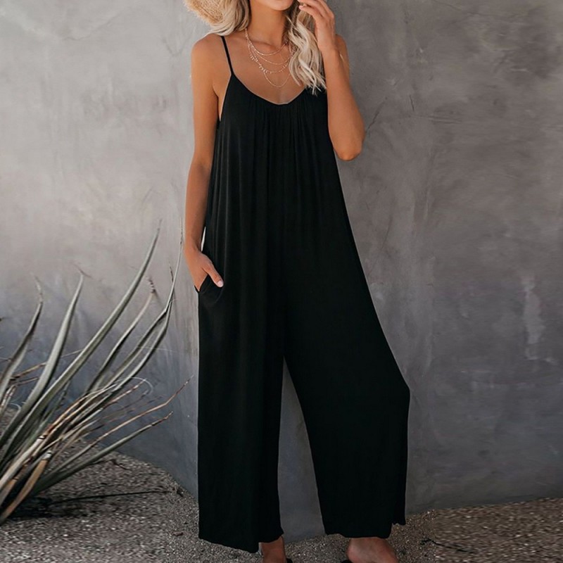 Plus Size Basic Jumpsuit Women's Plus Solid V Neck Wide Leg Summer Cami Jumpsuit