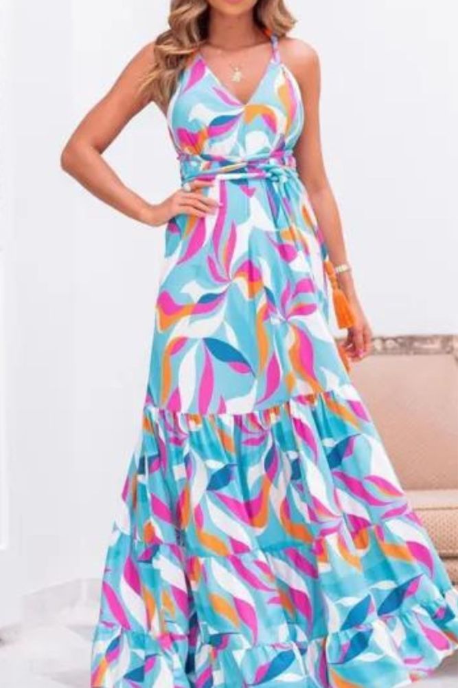 New Print Slim Waist Open Back Sling  Wedding Guest Dress