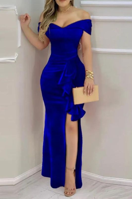 Royal Blue Velour Mermaid Formal Sexy Heart Shape Neck High Side Wedding Guest Dresses
