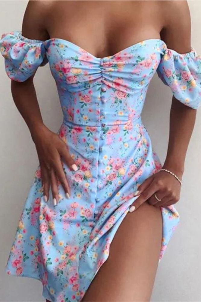 Print Flower Puff Sleeve  Bodycon Wedding Guest Dresses