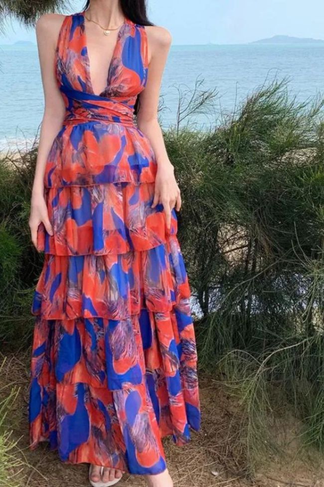 Summer Backless Retro Layered Deep V Neck Sexy Print Party Wedding Guest Dress