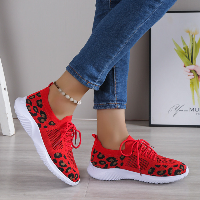 Women's Casual Sneakers Flying Woven Leopard Pattern Breathable Lace-up Running Shoes Women's Footwear